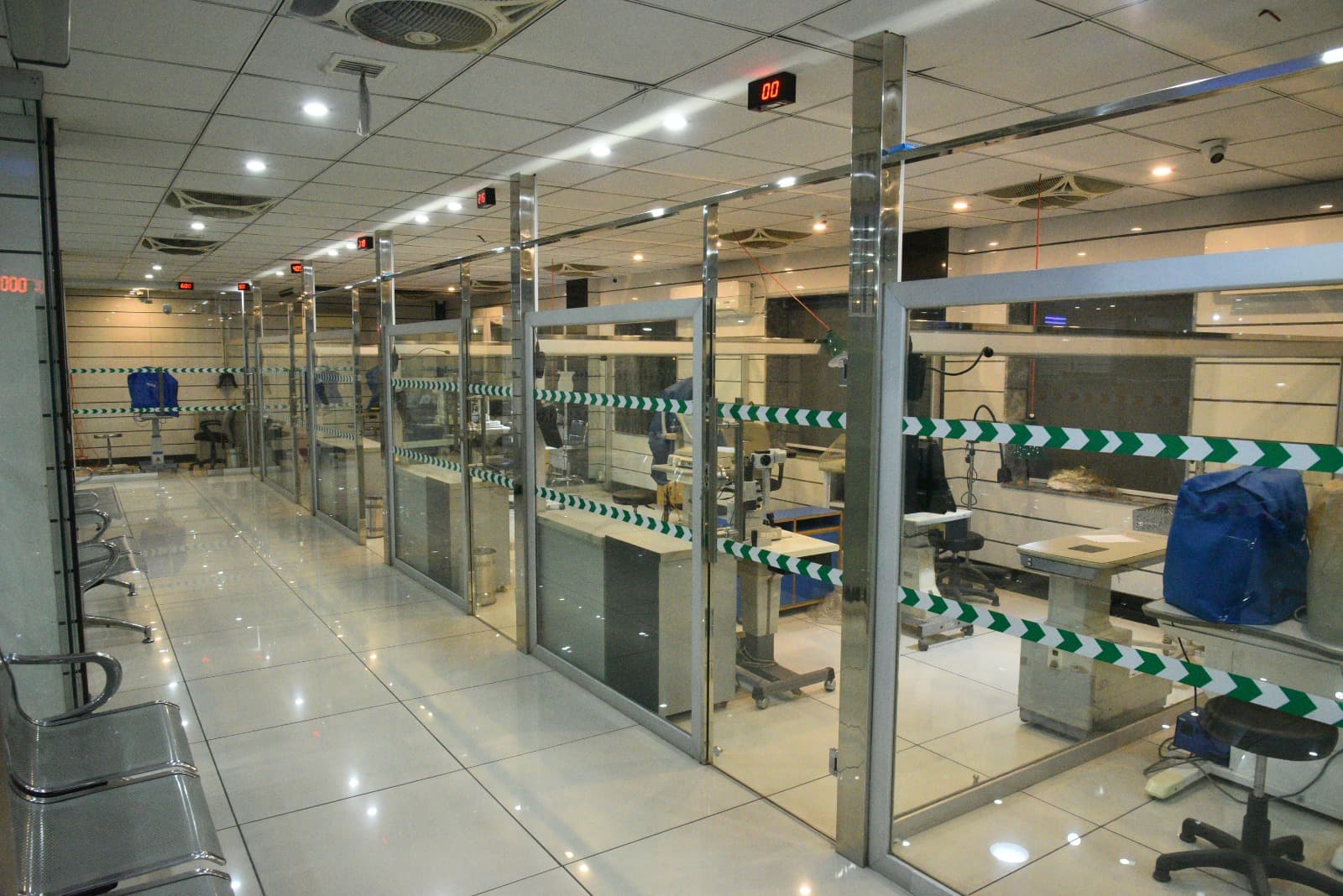 Modern glass examination rooms in the eye clinic